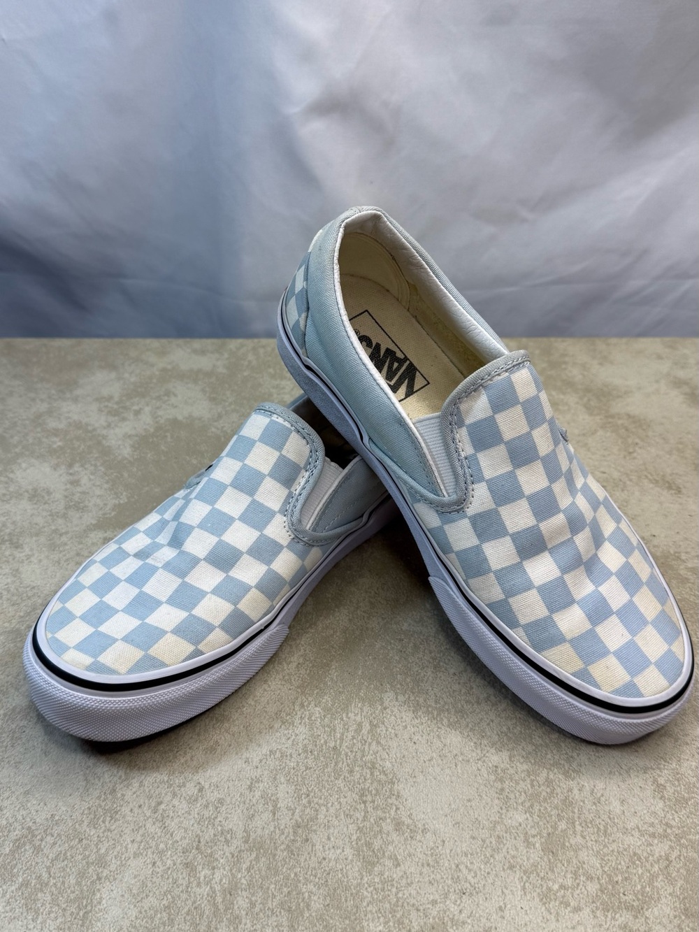 Vans Men’s 5.5 Women’s 7 Slip-On Checkerboard Sneakers in Pale Blue and White